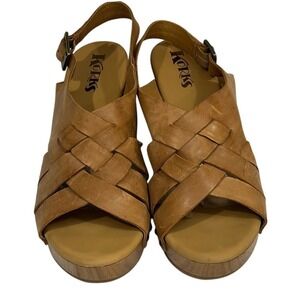 Korks by Kork-ease Berengo Block Heel Sandal Sz 10 leather wood woven brown‎ tan